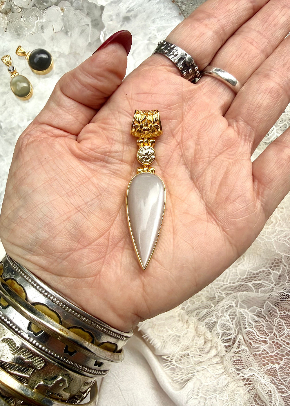 Fine Peach Moonstone + Champagne Moissanite Vibrational Gemstone Pendant
