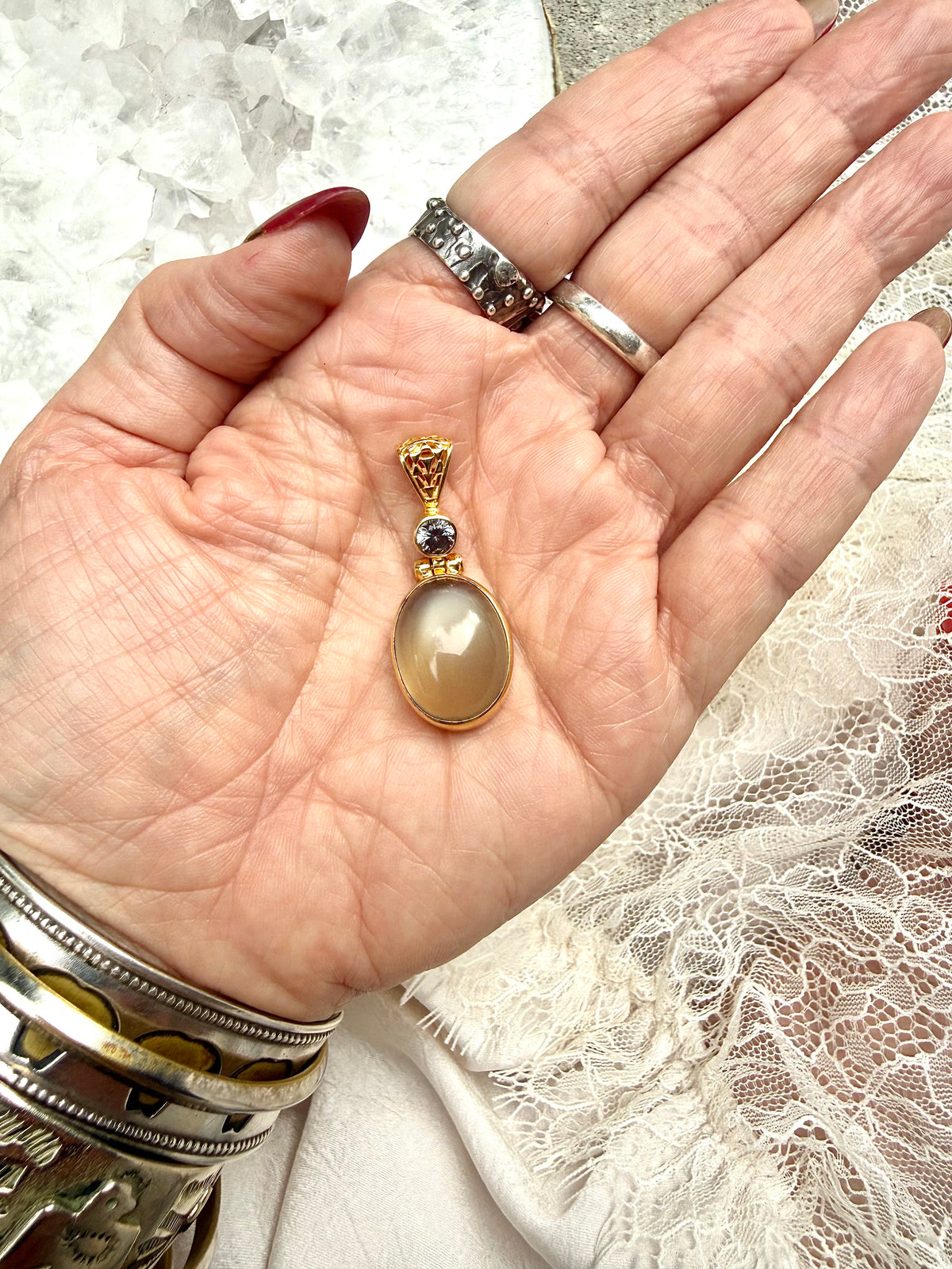 Fine Moonstone + Alexandrite Effect Sapphire Vibrational Gemstone Pendant