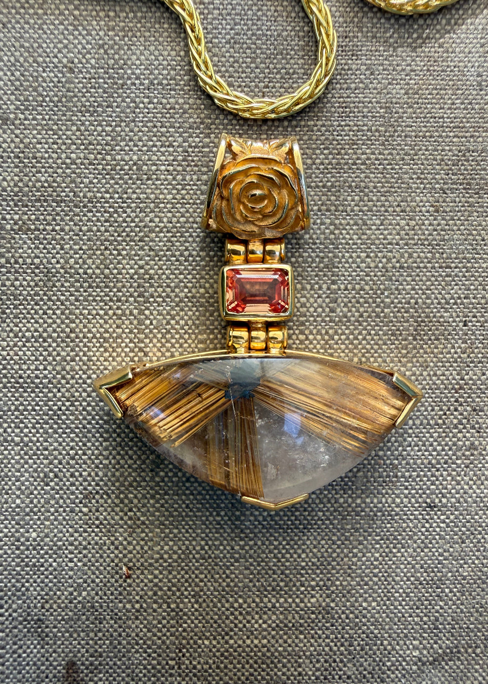Golden Rutilated Quartz Flower + Imperial Topaz Fine Vibrational Gemstone Pendant