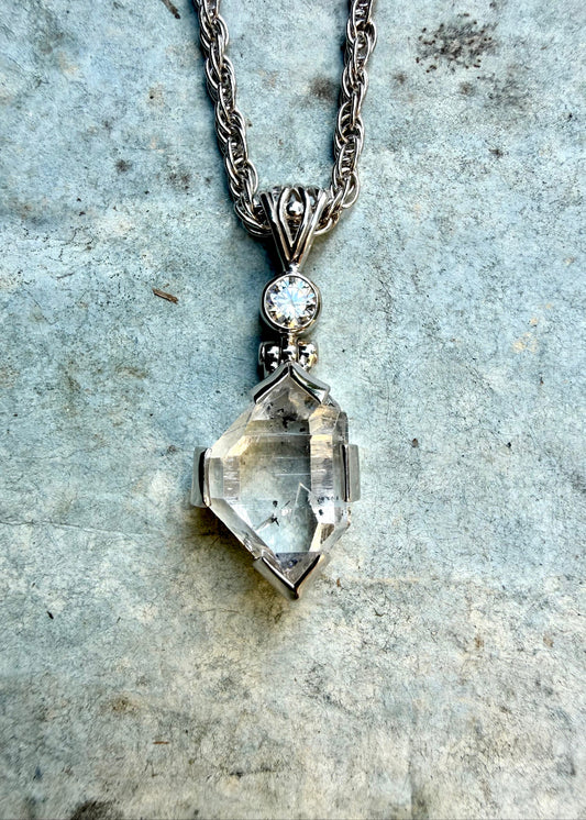 Herkimer Diamond Quartz + Moissanite Fine Vibrational Gemstone Pendant