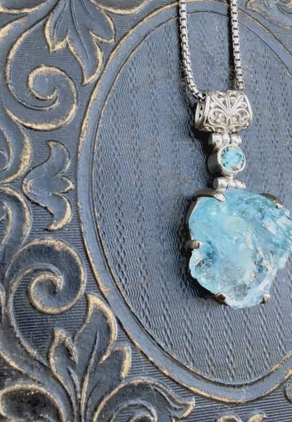 Blue Beryl Raw + Blue Zircon Vibrational Gemstone Pendant