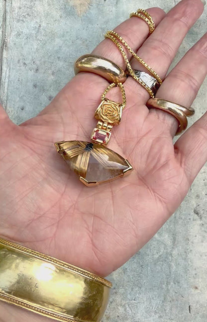 Golden Rutilated Quartz Flower + Imperial Topaz Vibrational Gemstone Pendant