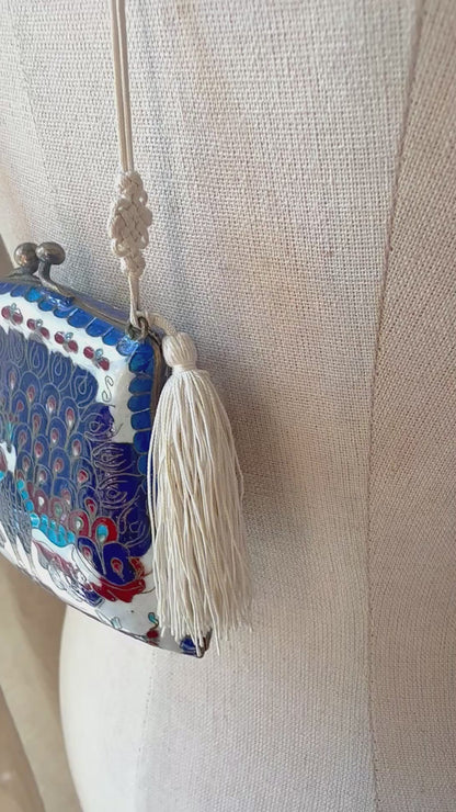 Vintage Cloisonné Peacock Blue Tassel Purse Necklace
