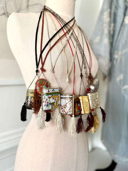 Vintage White Cherry Blossom Cloisonné Tassel Box Necklace