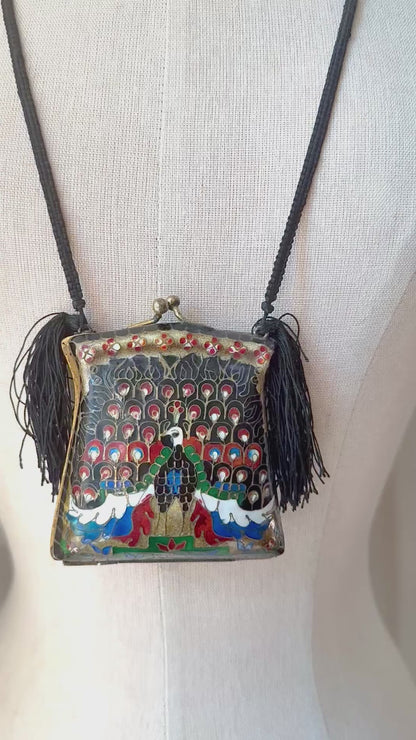 Vintage Cloisonné Peacock Tassel Purse Necklace