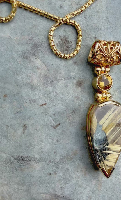 Golden Rutilated Quartz Flower + Golden Beryl Vibrational Gemstone Pendant