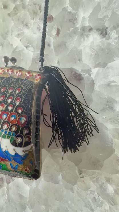 Vintage Cloisonné Peacock Tassel Purse Necklace